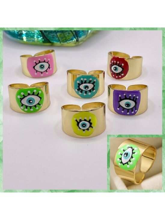 Jewelry - Boho Evil Eye Enamel and Copper Adjustable Ring #1300 NEON GREEN